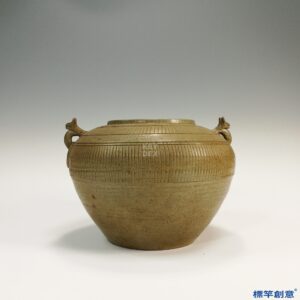 EC002 西晉越窯青瓷刻線紋獸首銜環罐