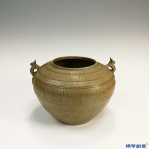 EC002 西晉越窯青瓷刻線紋獸首銜環罐