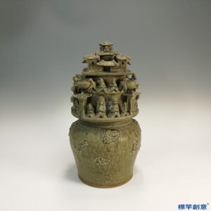 EC005 西晉越窯褐青瓷貼塑樓閣人物穀倉罐魂瓶