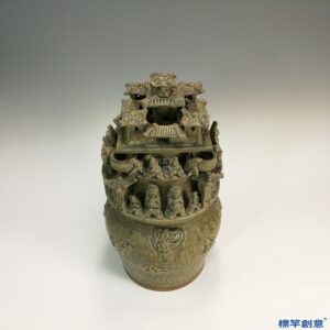EC005 西晉越窯褐青瓷貼塑樓閣人物穀倉罐魂瓶