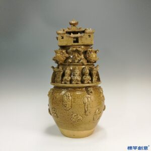 EC006 西晉越窯土黃釉貼塑樓閣人物穀倉罐魂瓶