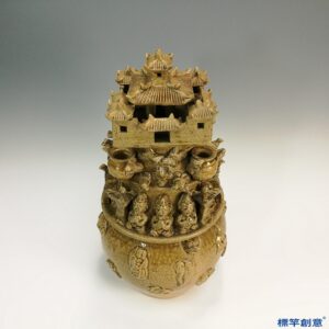 EC006 西晉越窯土黃釉貼塑樓閣人物穀倉罐魂瓶