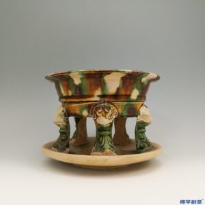 FB007 唐代三彩彩繪六獸足高圈座供盤