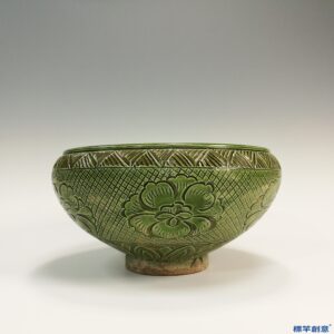 IA001 清代石灣窯綠釉刻花歛口湯碗骰子缽