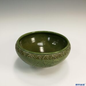 IA001 清代石灣窯綠釉刻花歛口湯碗骰子缽