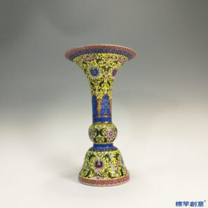 IA015 清晚期景德鎮窯黃釉琺瑯彩繪仿古瓷觚