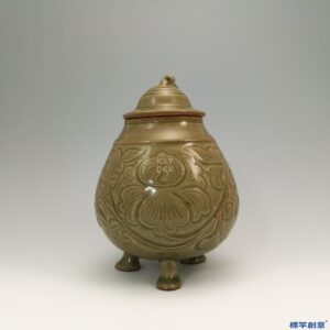 GE014 金代耀州窯褐青瓷刻蓮瓣紋高足供水蓋罐