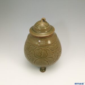 GE014 金代耀州窯褐青瓷刻蓮瓣紋高足供水蓋罐