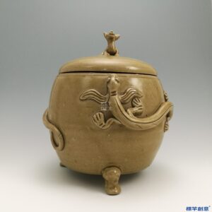 EC016 西晉越窯褐青瓷貼塑雙龍三足蓋罐