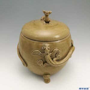 EC016 西晉越窯褐青瓷貼塑雙龍三足蓋罐