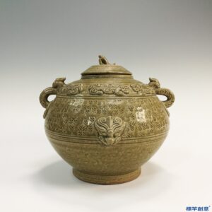 EC015 西晉越窯褐青瓷貼塑獸首龍耳蓋罐