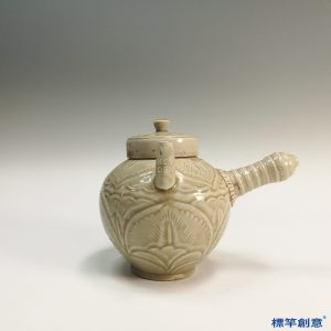 GB082 北宋越窯米白釉刻花側把急須壺煮茶壺