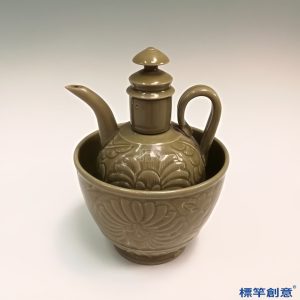 GB095 北宋越窯土青瓷刻花溫酒防燙酒壺壺托一套