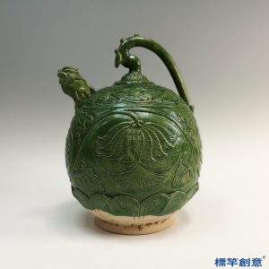 GD018 遼代南山窯綠釉陶刻花提樑倒流壺