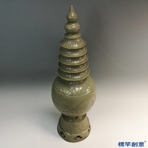 FC051 五代越窯青瓷刻龍紋佛塔式蓋罐