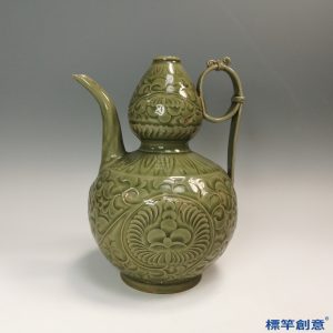 GB131 北宋耀州窯青瓷刻牡丹紋葫蘆形執壺