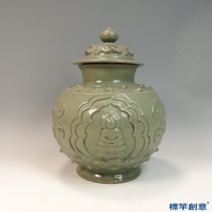FC073 五代耀州窯淡青瓷塑佛陀蓮瓣紋佛教供水蓋罐