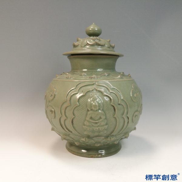 FC073 五代耀州窯淡青瓷塑佛陀蓮瓣紋佛教供水蓋罐