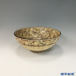 GA083 宋代磁州窯米白釉繪花卉魚紋湯碗