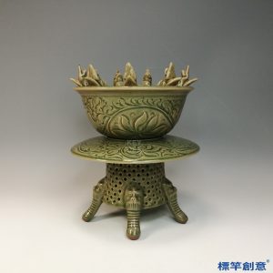 GB187 北宋磁州窯青瓷刻唐草紋復層鏤空薰香爐