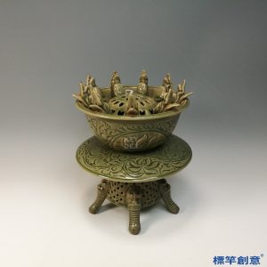 GB187 北宋磁州窯青瓷刻唐草紋復層鏤空薰香爐