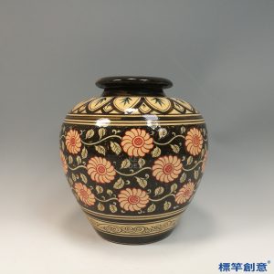 GC229 南宋吉州窯褐釉繪纏枝紋加彩紅花罐