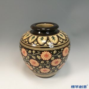 GC229 南宋吉州窯褐釉繪纏枝紋加彩紅花罐