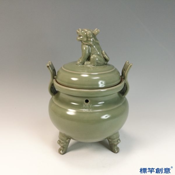 HB058 明代龍泉窯梅青釉瑞獸鈕三足爐：圖片 2