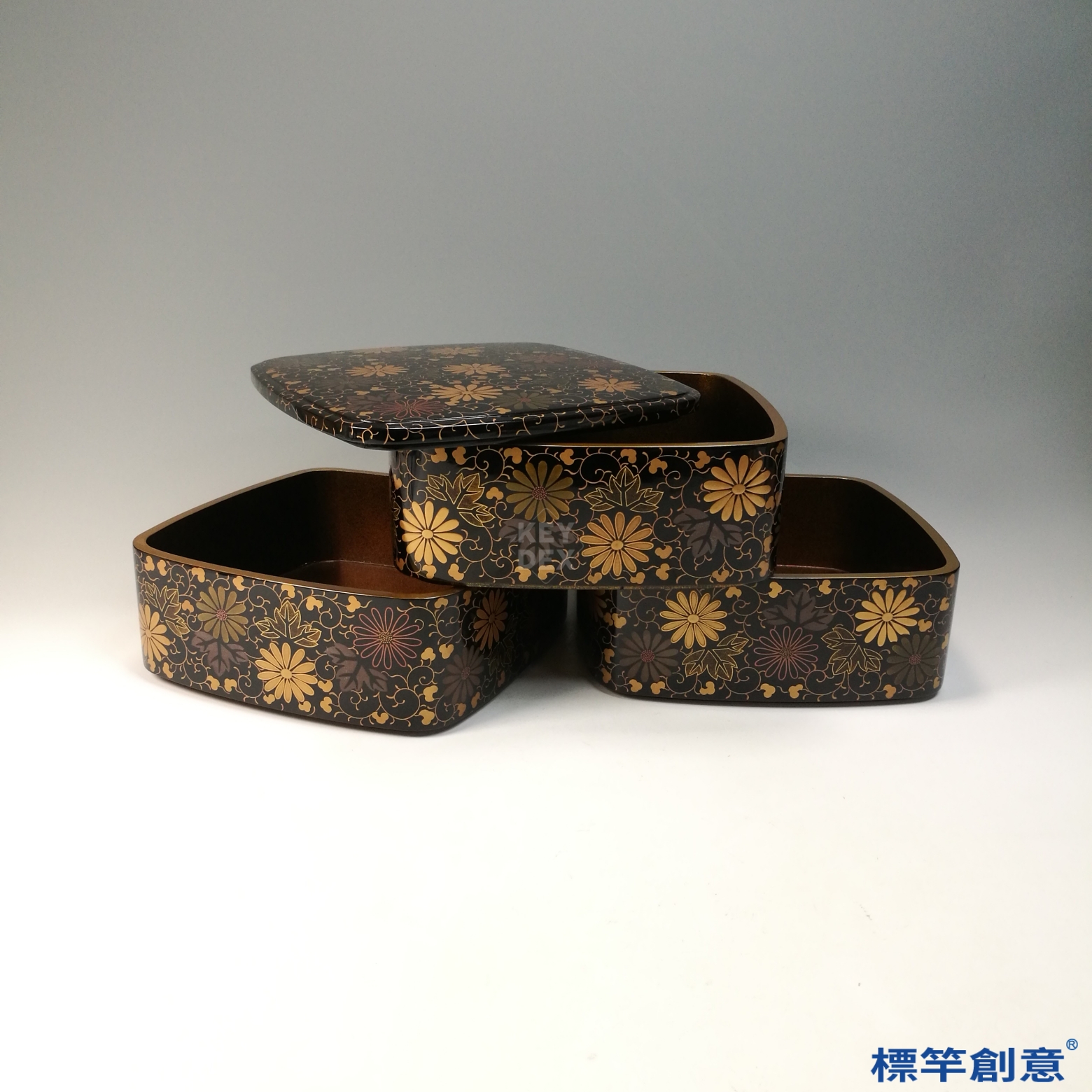 JJ024 日本大正時期黑漆菊唐草蒔繪三段重箱:圖片 5