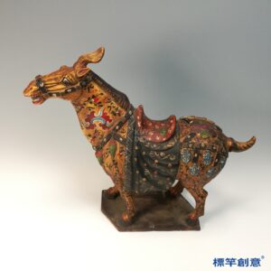 FB158 唐代鞏義窯黑陶金彩繪花卉陶馬