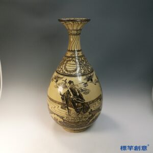 GE030 金代磁州窯米黃釉褐彩繪八仙過海紋玉壺春瓶一對