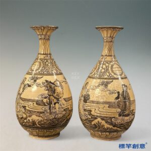 GE030 金代磁州窯米黃釉褐彩繪八仙過海紋玉壺春瓶一對