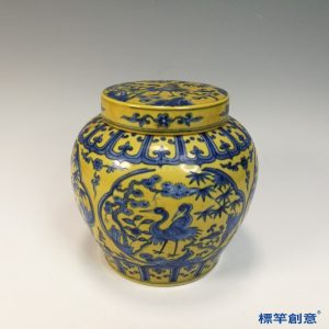HB095 明代中晚期黃釉地青花成化款歲寒三友鶴紋蓋罐