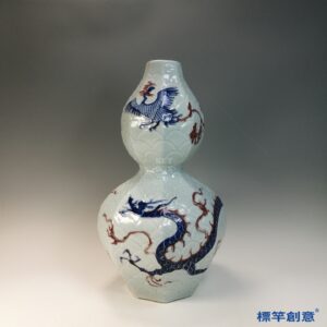 HA105 元代湖田窯青花釉裡紅魚鱗龍鳳紋八稜葫蘆瓶