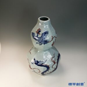 HA105 元代湖田窯青花釉裡紅魚鱗龍鳳紋八稜葫蘆瓶