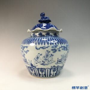 HB131 明中晚期青花成化款人物庭園紋荷葉蓋罐
