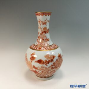 IA088 清宣統官窯礬紅彩花鳥描金賞瓶