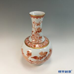IA088 清宣統官窯礬紅彩花鳥描金賞瓶