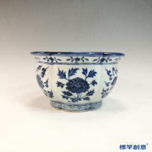 HB151 明永宣青花菊瓣花卉紋折沿花盆