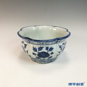 HB151 明永宣青花菊瓣花卉紋折沿花盆