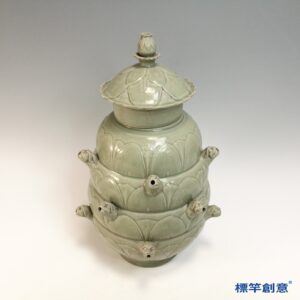 FC096 五代越窯多獸首蓮瓣穀倉罐