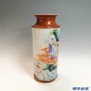 IA111 清乾隆粉彩描金繪童子拜觀音撇口筒式瓶