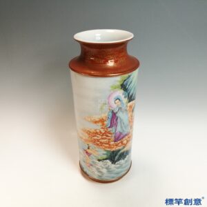 IA111 清乾隆粉彩描金繪童子拜觀音撇口筒式瓶